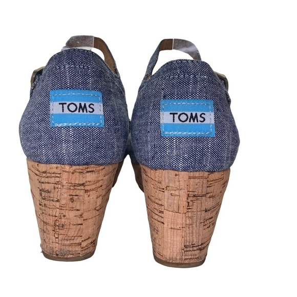 Tom’s Blue Denim Stacked Cork Wedge Peep Toe Sandals - Picture 7 of 9
